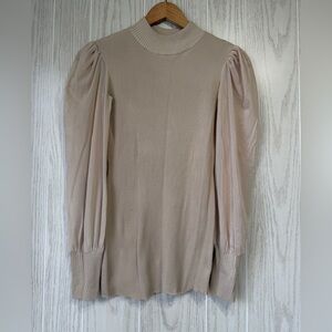 Almost Famous Sheer Sleeve Mock Neck Top Tan Size L NWOT